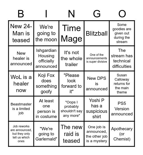 FFXIV Announcement Stream Bingo Card