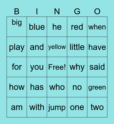 Sight Words Bingo Card