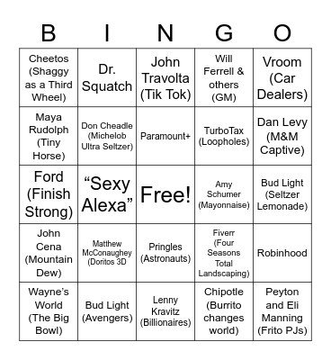 2021 Super Bowl LV Commercials Bingo Card