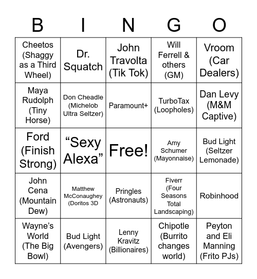 2021 Super Bowl LV Commercials Bingo Card