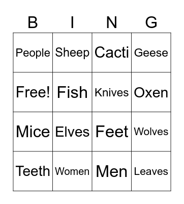 Irregular Plural Nouns Bingo Card