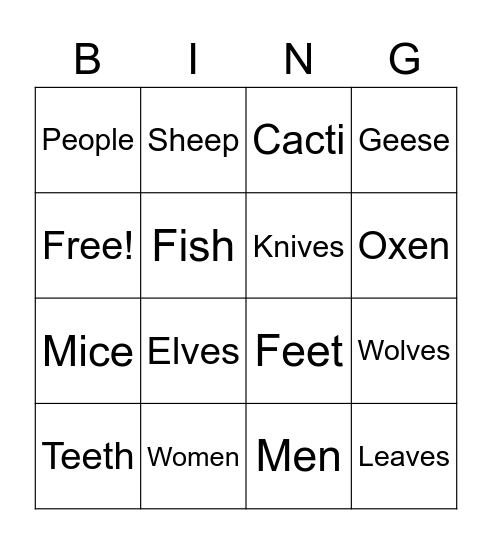 Irregular Plural Nouns Bingo Card