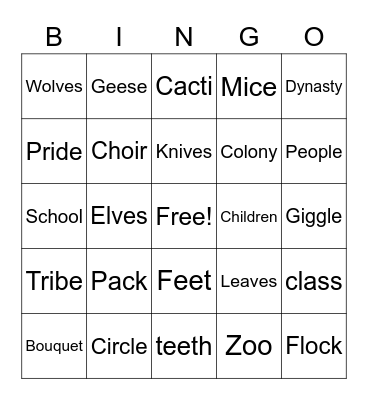 Irregular Plural and Collective Nouns Bingo Card