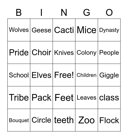 Irregular Plural and Collective Nouns Bingo Card