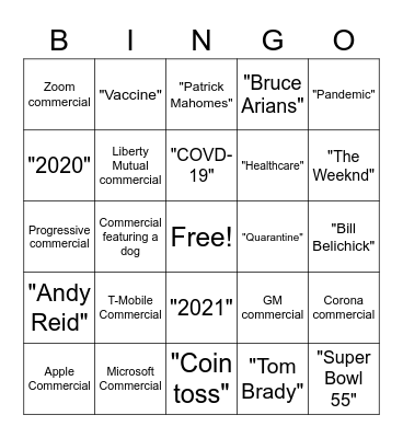 Super Bowl 55 Bingo Card