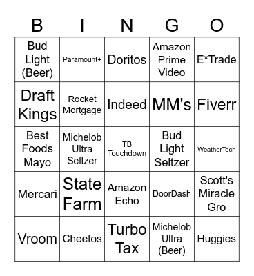 Super Bowl Commercial Bingo Card