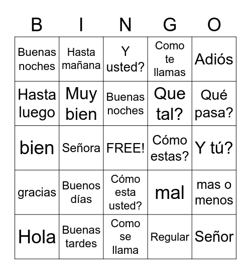 Avancemos, Unidad preliminar Bingo Card