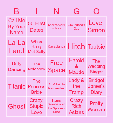 Movies to Watch on Valentine's Day Bingo Card