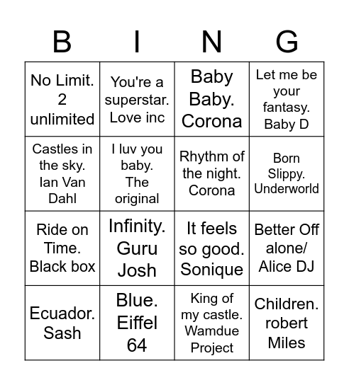 90's Bingo Card