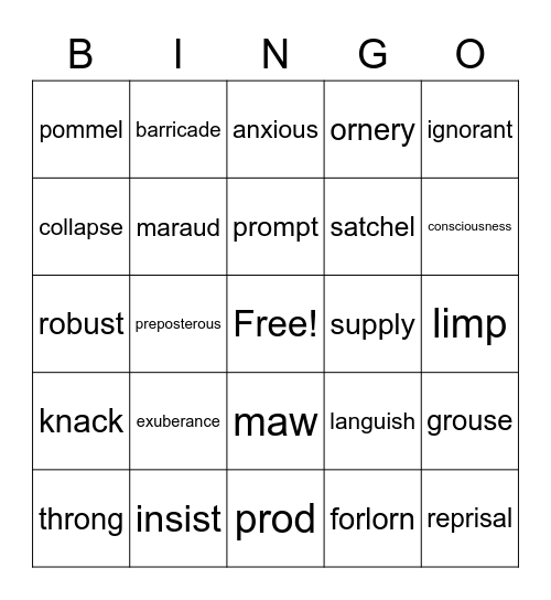 Maniac Magee Vocabulary Bingo Card