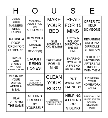 House System Point Sheet Bingo Card