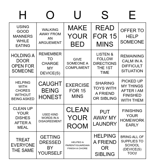 House System Point Sheet Bingo Card