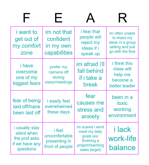 our fears and shenanigans Bingo Card