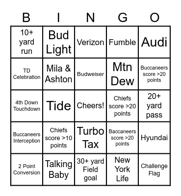 Super Bowl LV Bingo Card