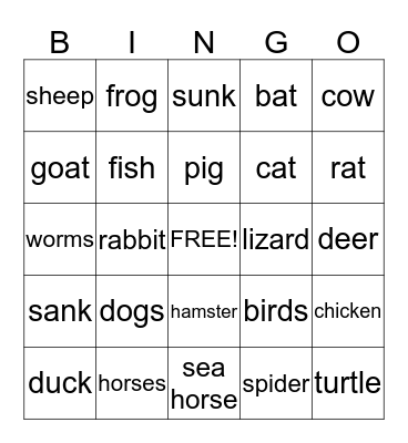 Animals Bingo Card