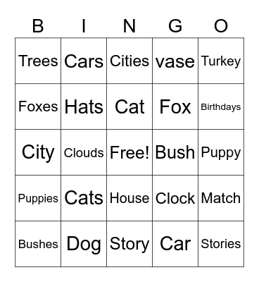 Singular and Plural Nouns Bingo Card