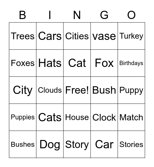 Singular and Plural Nouns Bingo Card