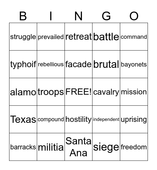 Battle of the Alamo Bingo Card