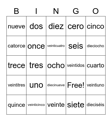 Spanish 1 numbers and alphabet Bingo Card