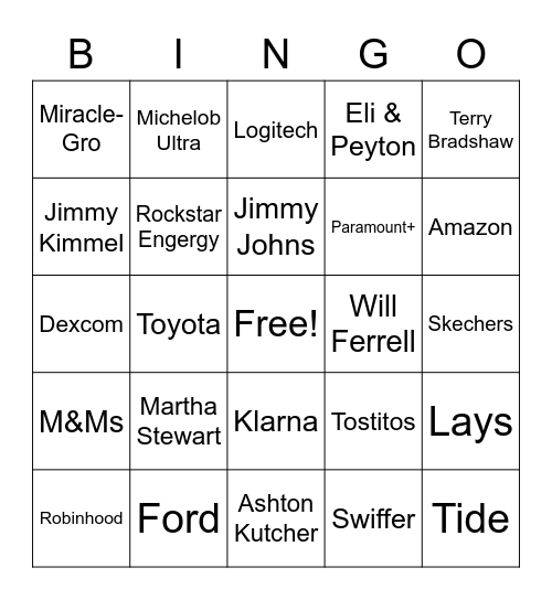 Superbowl Commercial Bingo Card