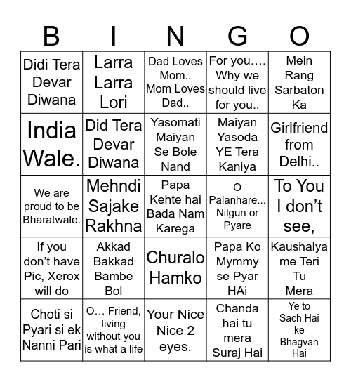 Bhumi's  Baby Shower  Musical  Bingo Card