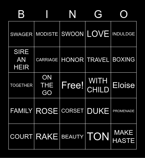 Bridgerton Bingo Card