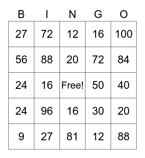 Multiplication Bingo Card