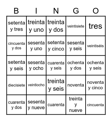Bingo de los Numeros Bingo Card