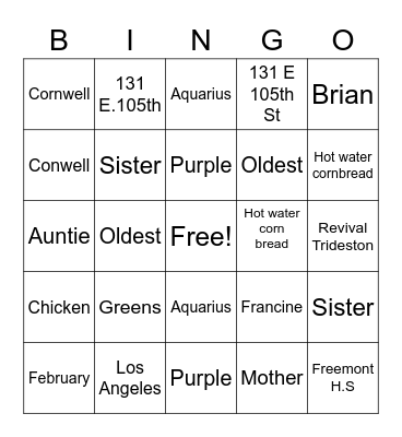 Queen Francine B-Day Bing Bingo Card