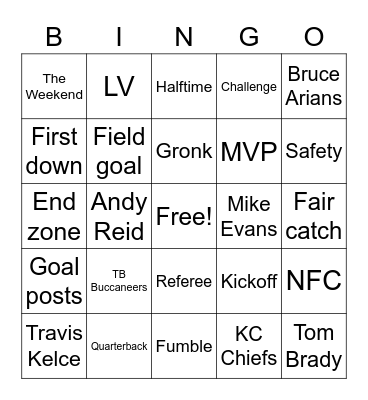 Super Bowl Bingo Card
