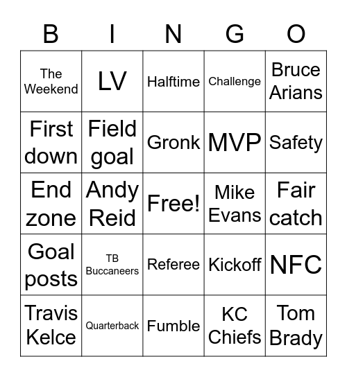 Super Bowl Bingo Card