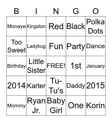 Karter's 1st Birthday  Party Bingo Card