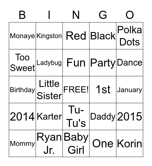 Karter's 1st Birthday  Party Bingo Card