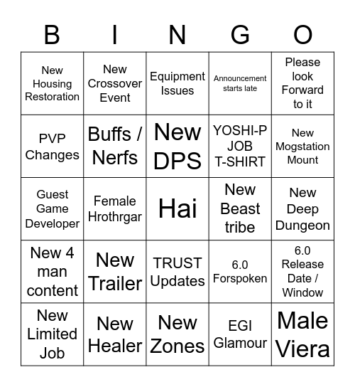 Announcement Showcase Bingo Card