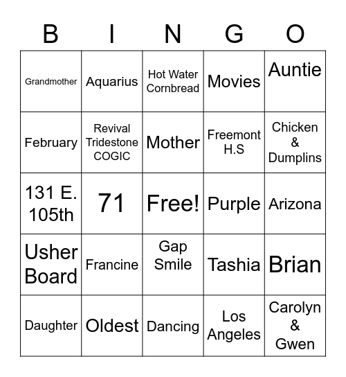 Queen Francine B-Day Bingo Card