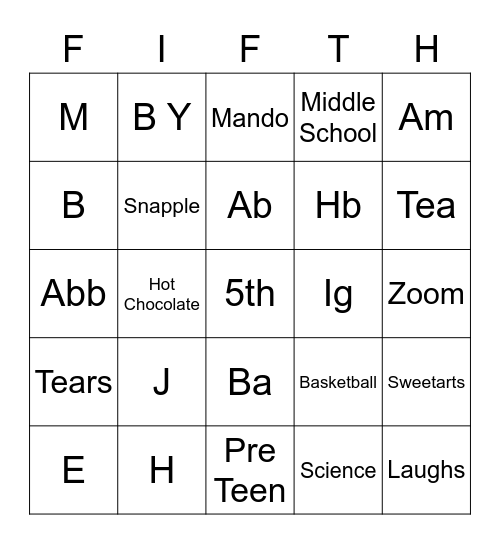 Fifth Grade Bingo Card