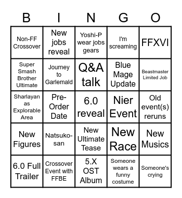 FFXIV 14-hours LIVE (6 Feb 2021) Bingo Card