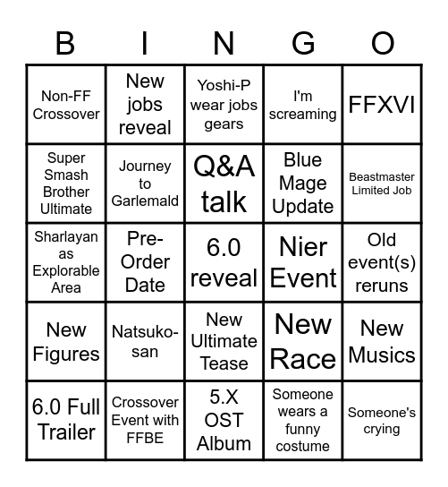 FFXIV 14-hours LIVE (6 Feb 2021) Bingo Card