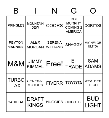 Superbowl Commercial Bingo Card