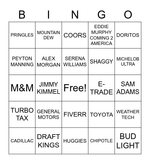 Superbowl Commercial Bingo Card