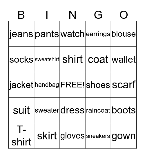 Clothes and Accesories Bingo Card