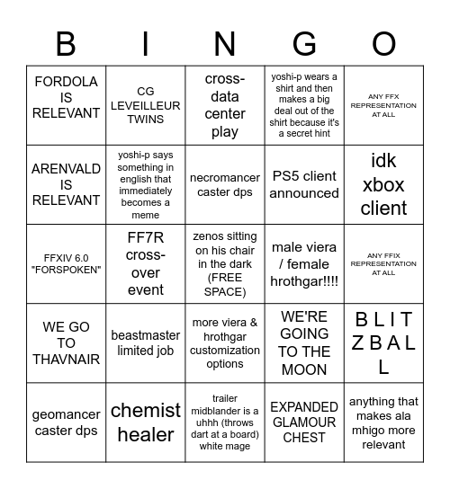 FFXIV ANNOUNCEMENT BROADCAST Bingo Card