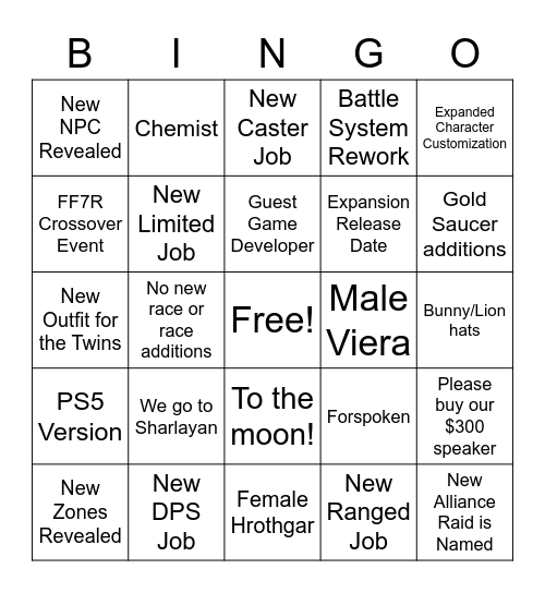 FFXIV Announcement Showcase Bingo Card