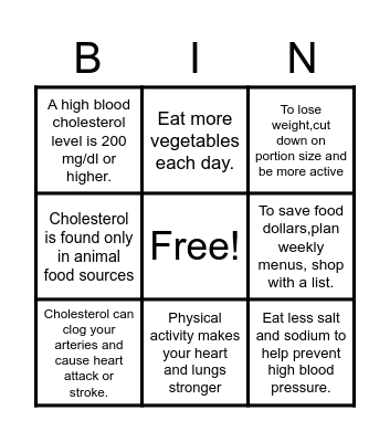 HEART HEALTH BINGO Card