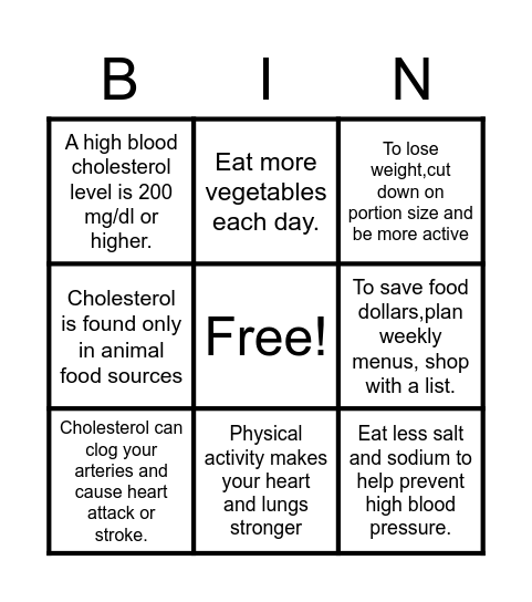 HEART HEALTH BINGO Card