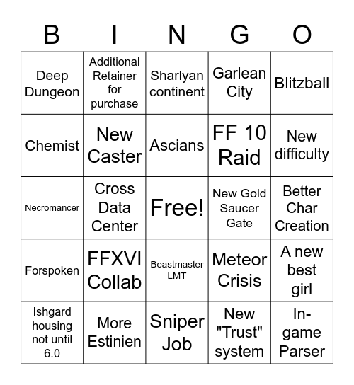 6th Feb announcement Bingo Card