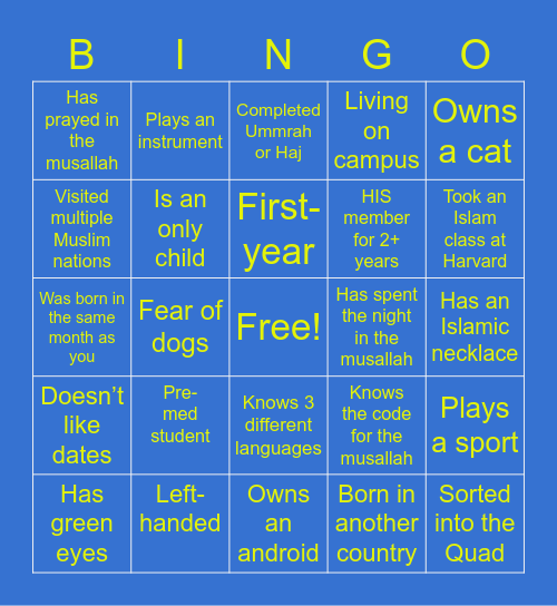 Harvard Islamic Society Bingo Card