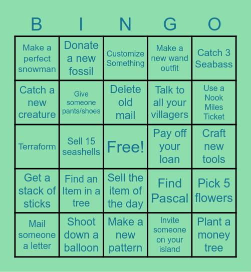 Animal Crossing New Horizons Bingo Card