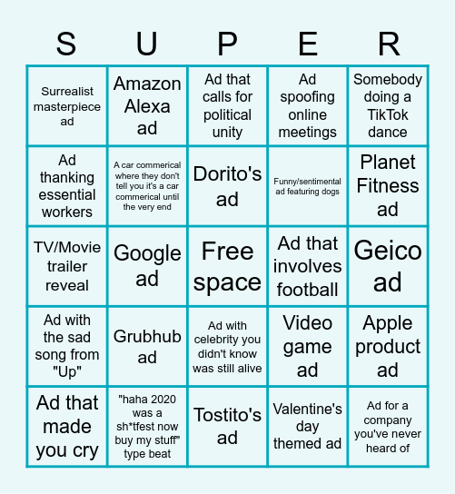 Super Bowl LV Commercials Bingo Card