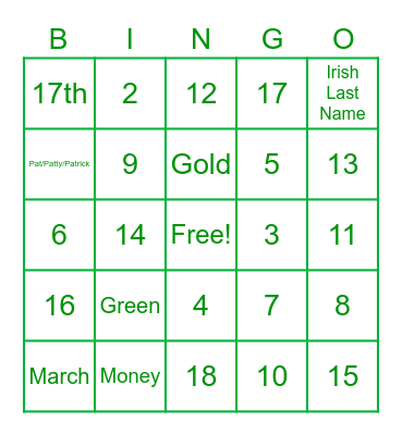St. Patrick's Day Phone Bingo Card
